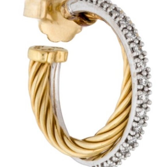 DAVID YURMAN 18K YELLOW GOLD & WHITE GOLD DIAMOND 0.51 CROSSOVER HOOP EARRINGS - Picture 3 of 7